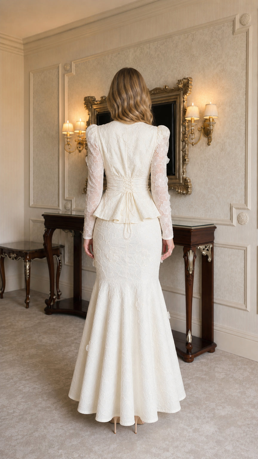 Model wearing ivory lace two-piece set, back view showing flared hem