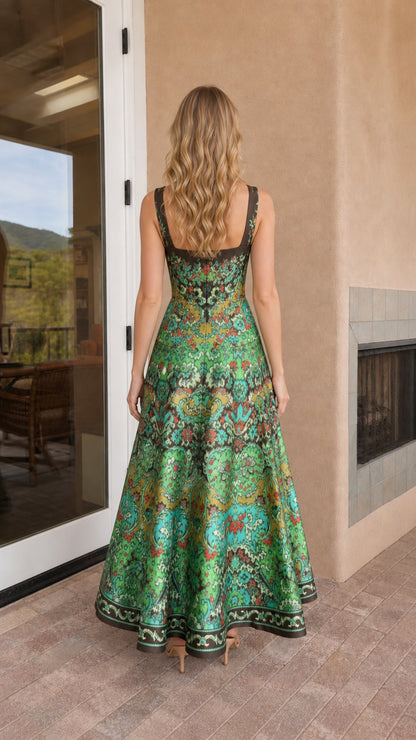 Back view of model in green tapestry print maxi dress