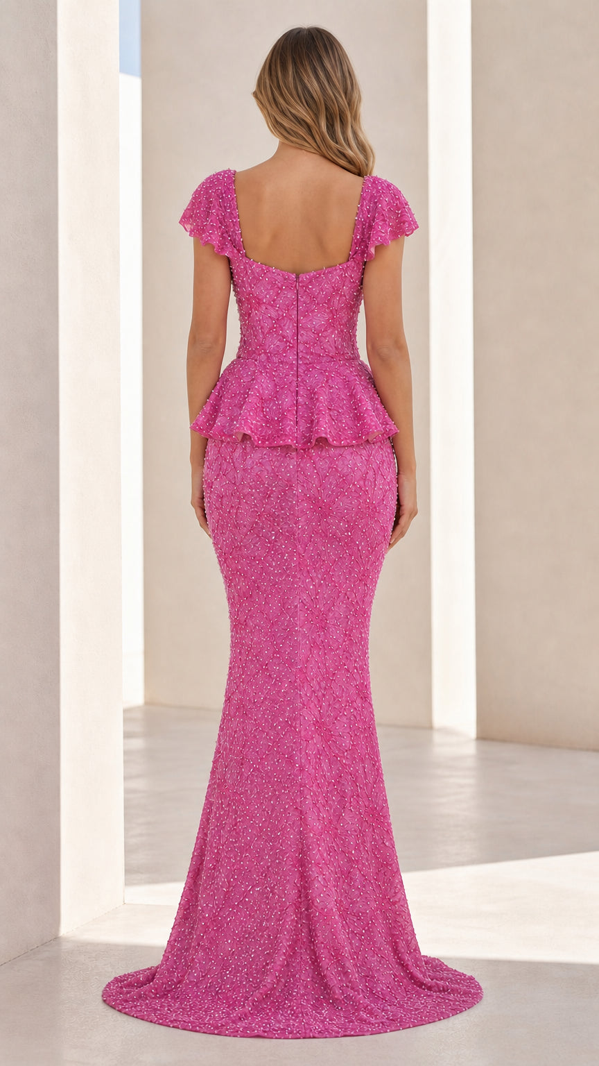 Back view of hot pink mermaid gown showing train