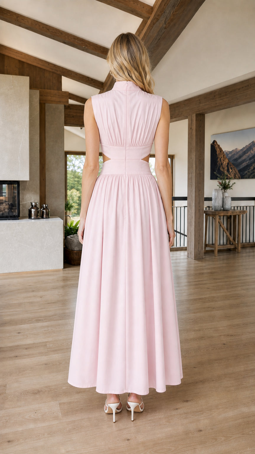 Back view of pink cutout maxi dress
