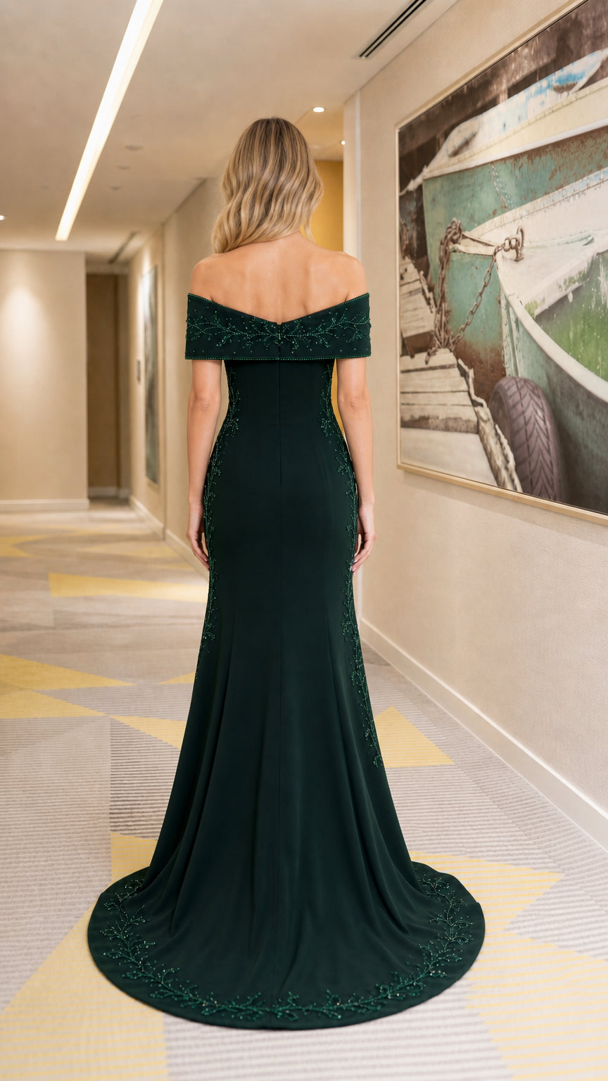 Back view of dark green formal evening dress