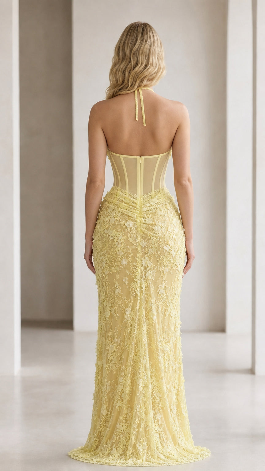 Back view of yellow evening dress with corset lacing detail