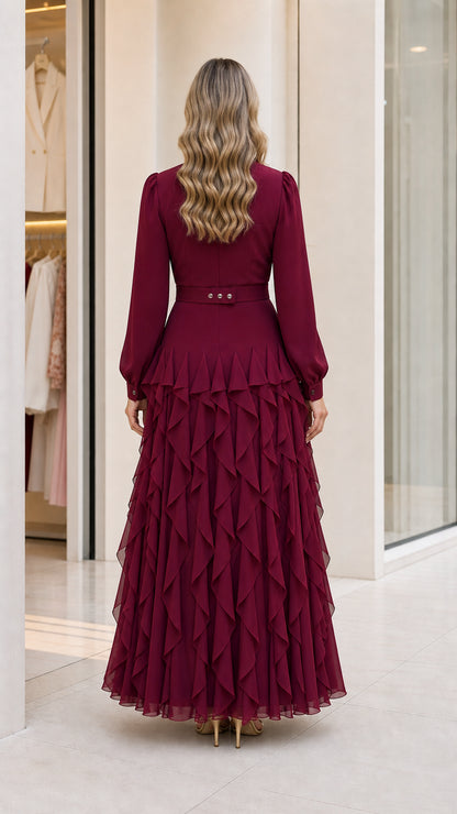 Back view of burgundy maxi dress