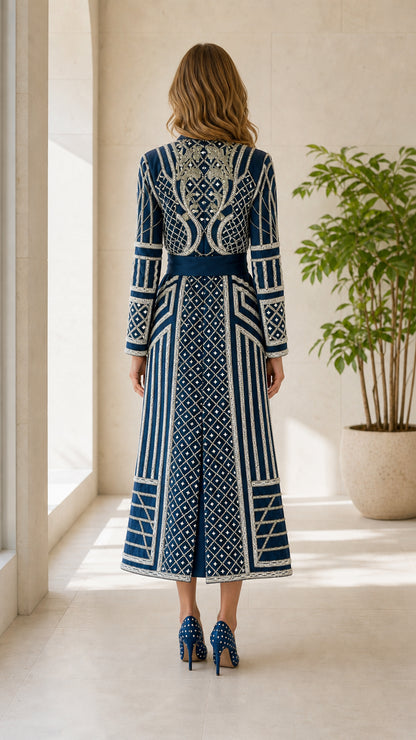Back view of navy geometric embroidered long coat showing intricate back pattern