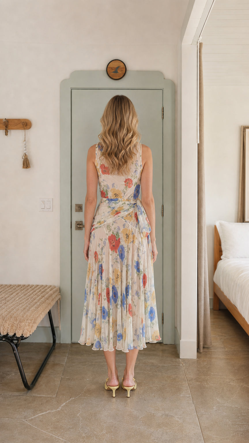 Back view of ivory floral pleated midi dress