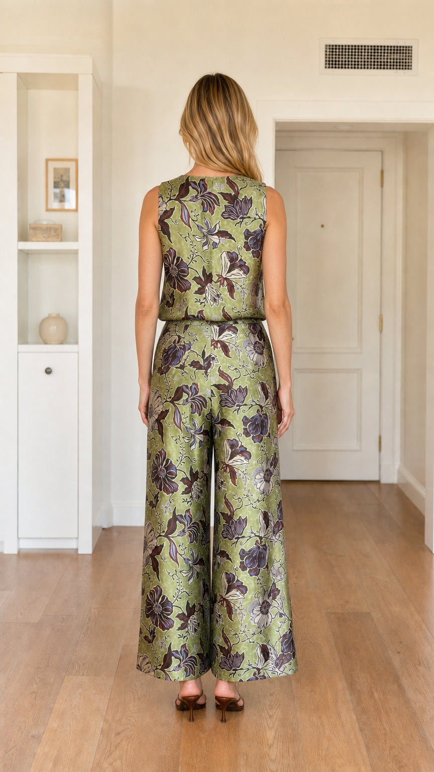 Model wearing green floral satin set back view