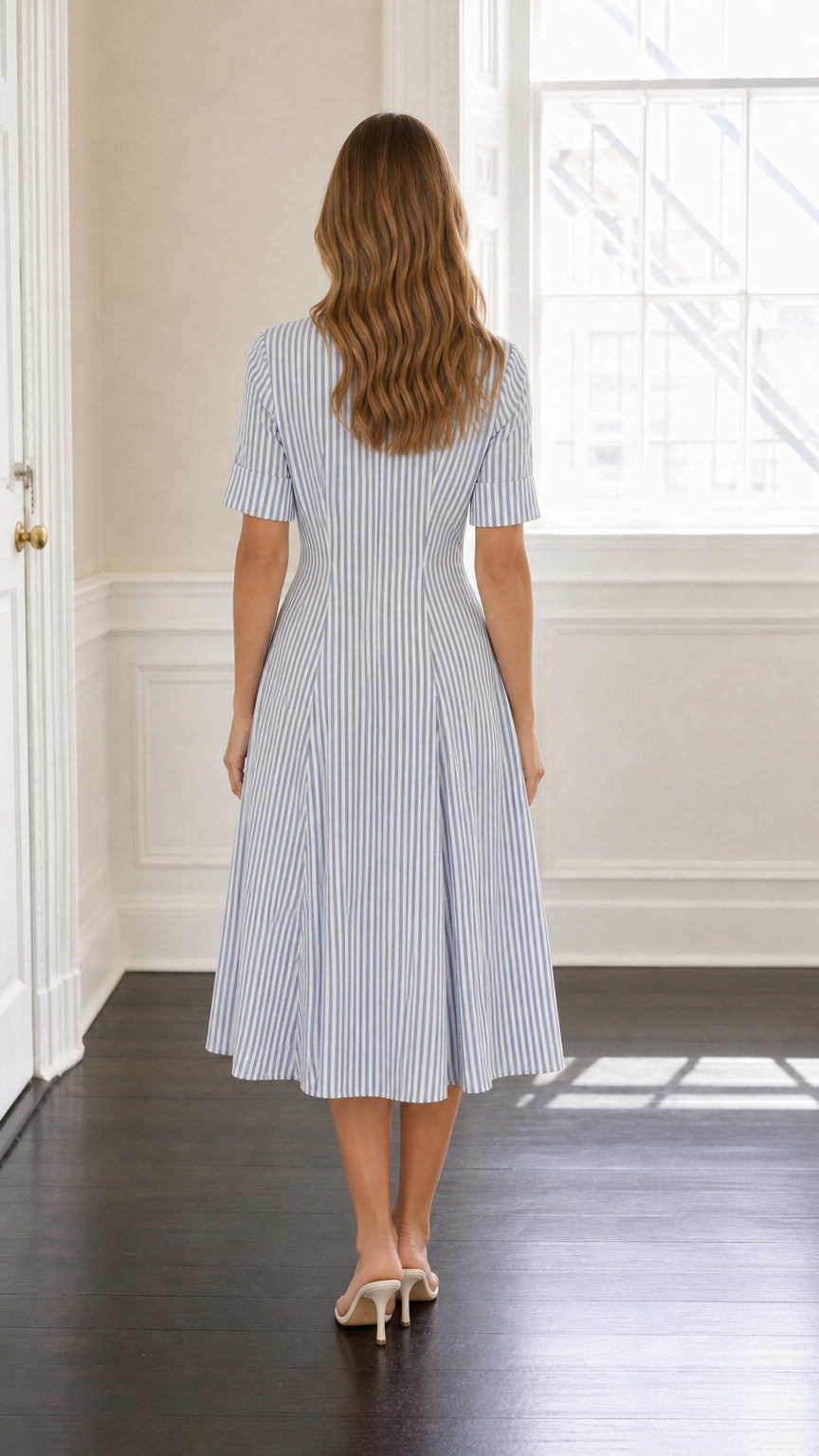 Back view of model wearing blue striped midi shirt dress
