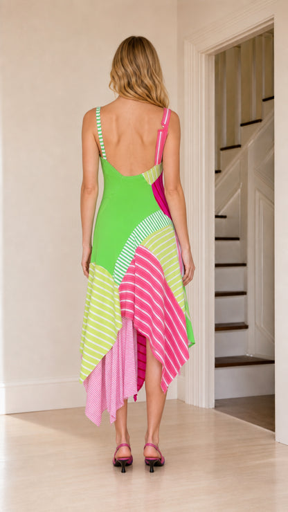 Back view of a sleeveless lime green and pink colorblock midi dress