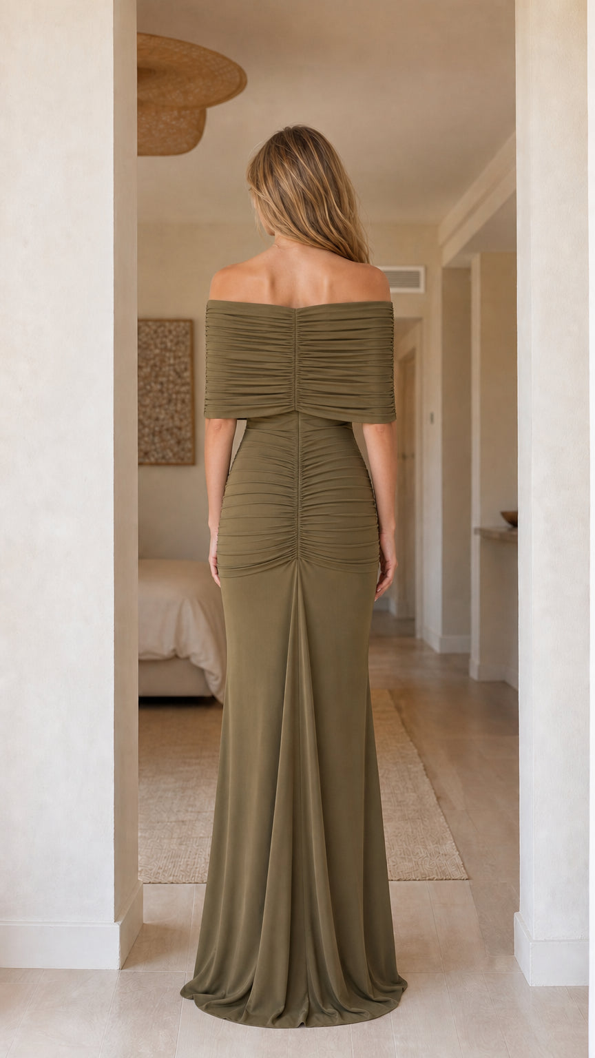 Back view of olive formal maxi dress