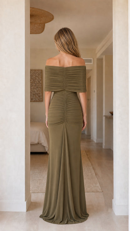 Back view of olive formal maxi dress