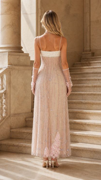Back view of pink beaded evening gown