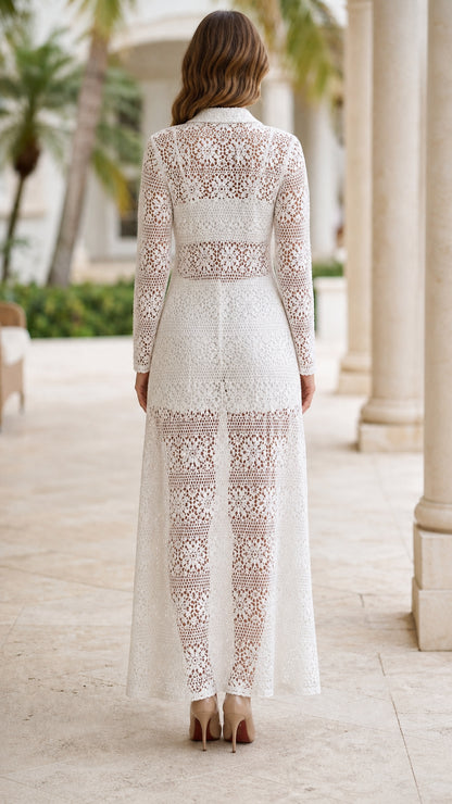 Model wearing white crochet lace long cardigan set, back view