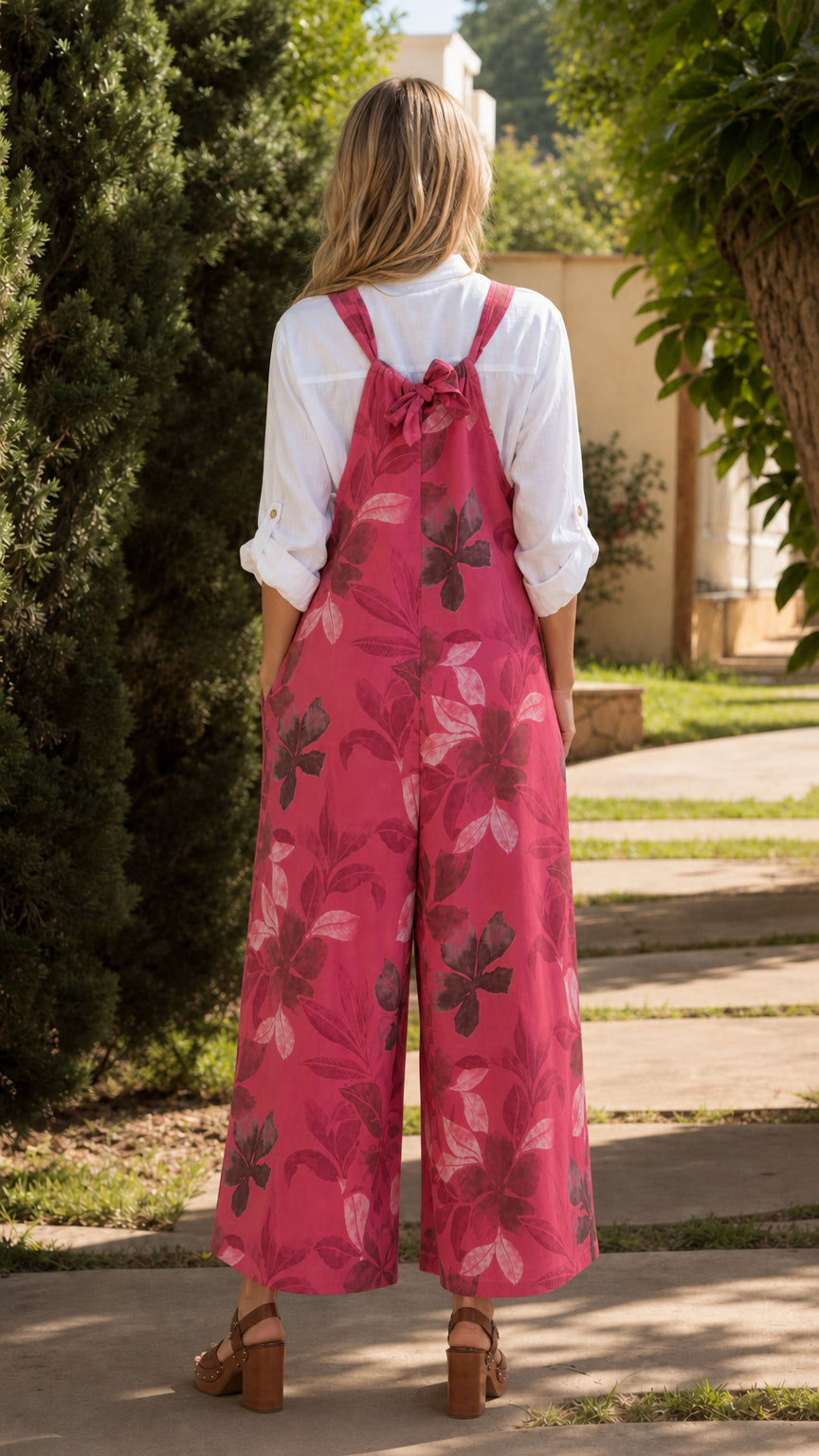 Back view showing strap bow detail on Fuchsia leaf print jumpsuit