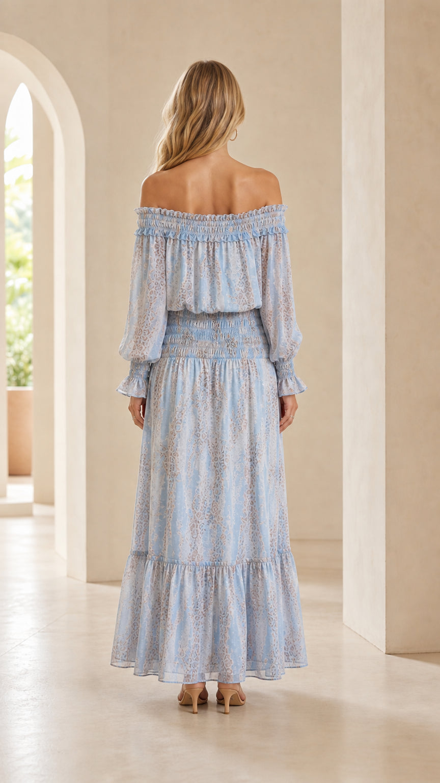Back view of woman wearing Light Blue off-the-shoulder smocked waist tiered dress