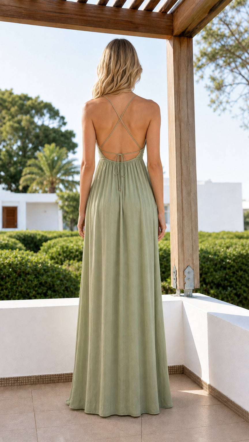 Back view showcasing open back and straps of sage green maxi dress