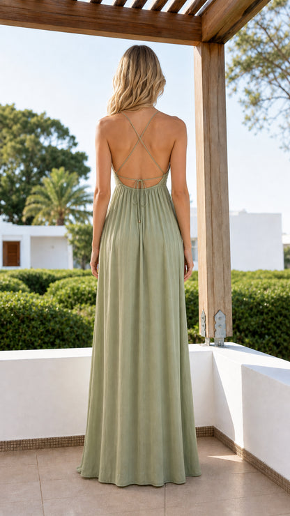 Back view showcasing open back and straps of sage green maxi dress