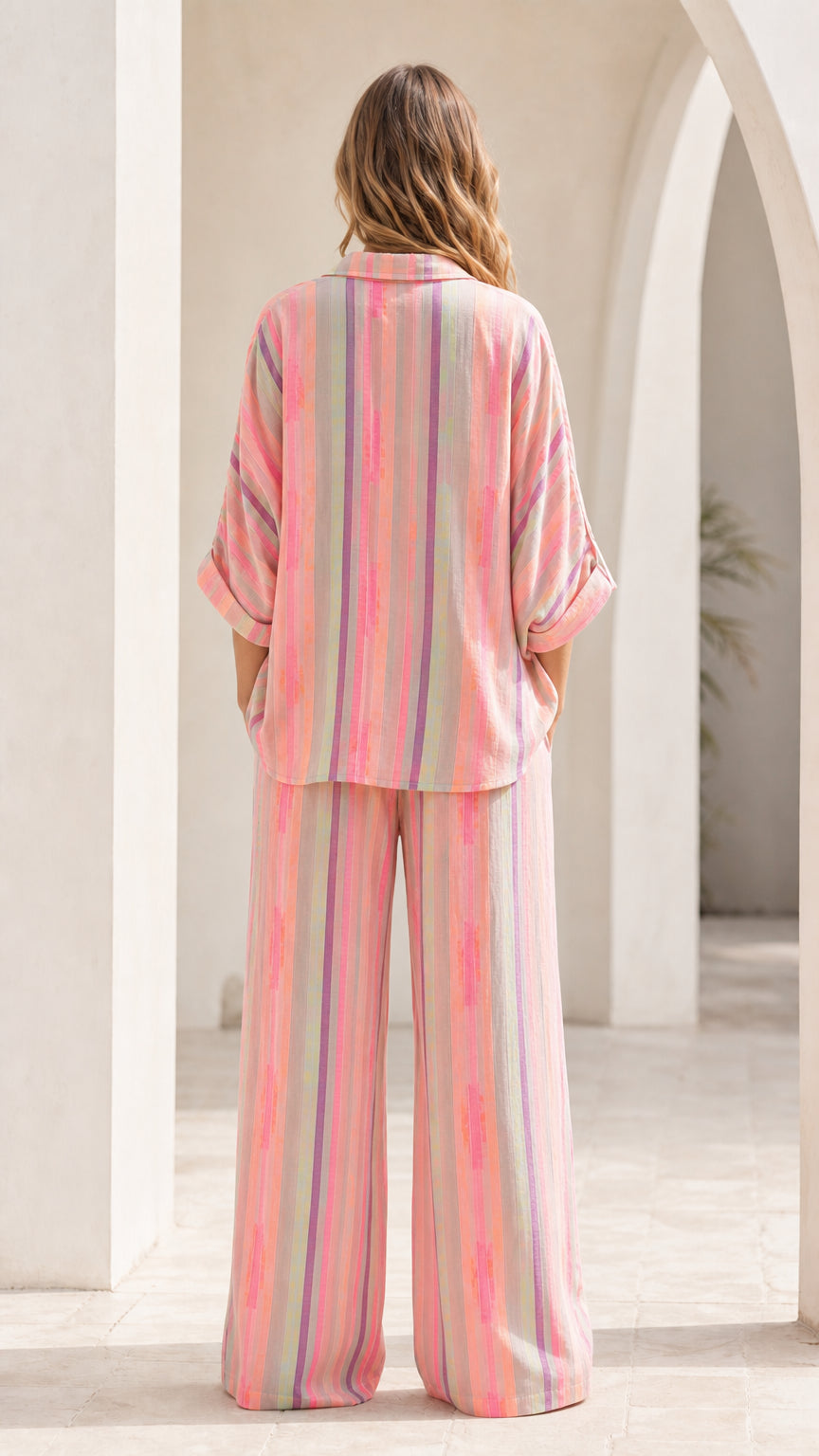 Back view of model wearing pink striped lounge set