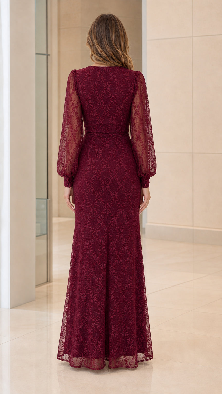 Back view of burgundy lace evening dress