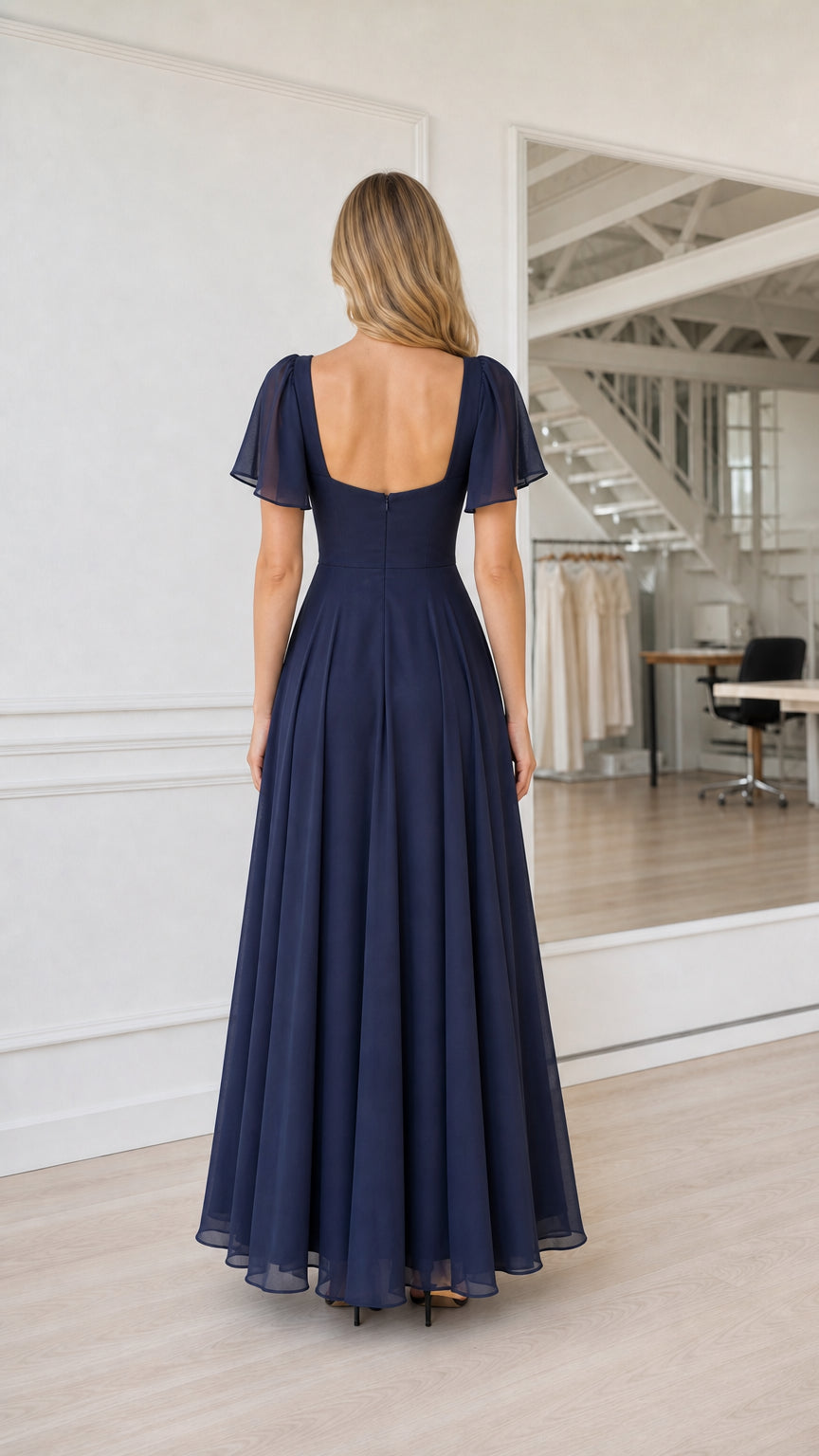 Back view of navy evening maxi dress