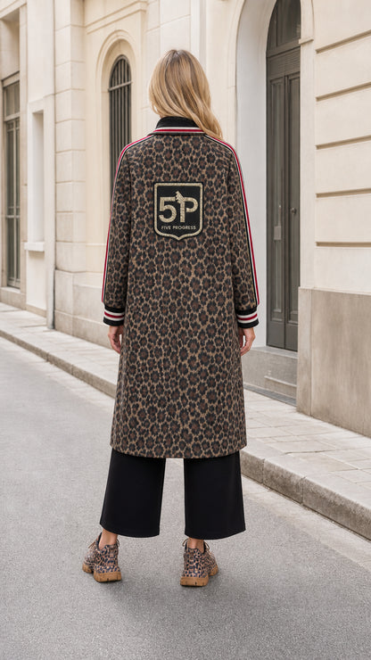 Back view of model wearing Classic Brown leopard print coat with varsity back patch