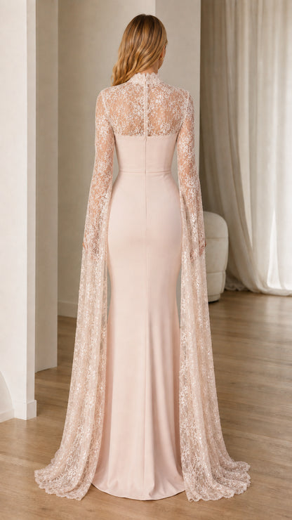 Back view showing detailed lace back and cape train