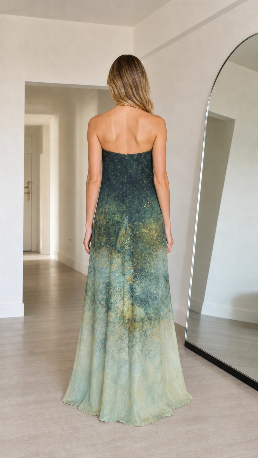 Ethereal Ombre Strapless Maxi Dress in Green back view