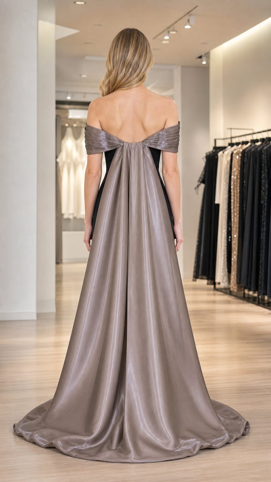 Back view showcasing the floor-length draped cape