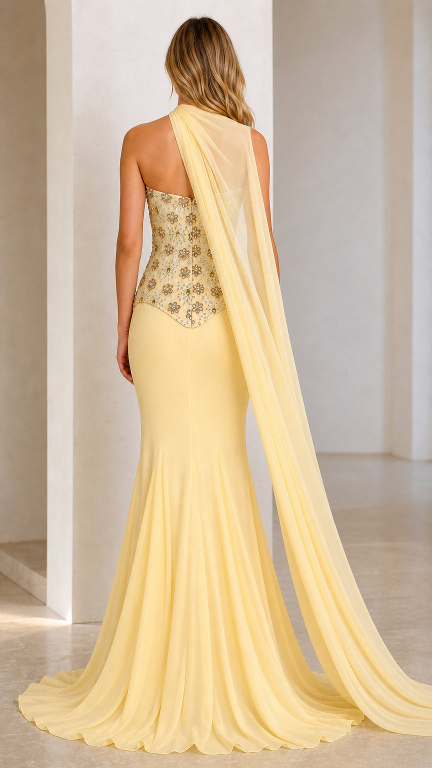 Back view of yellow mermaid evening gown