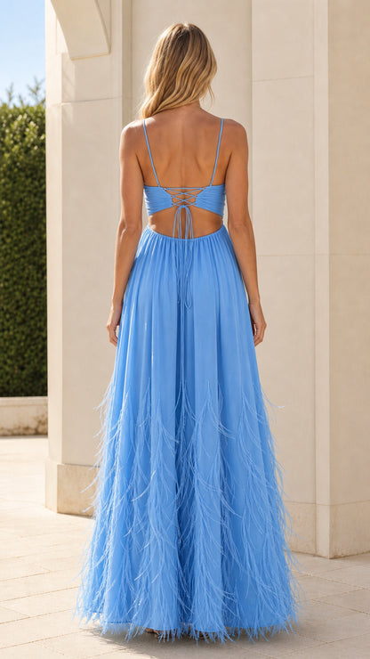 Back view showing lace-up details on the blue maxi dress