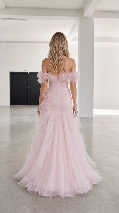Back view of pink off-shoulder formal dress