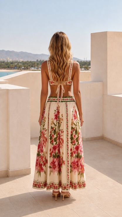Back view of ivory floral two-piece set showing lace-up back detail