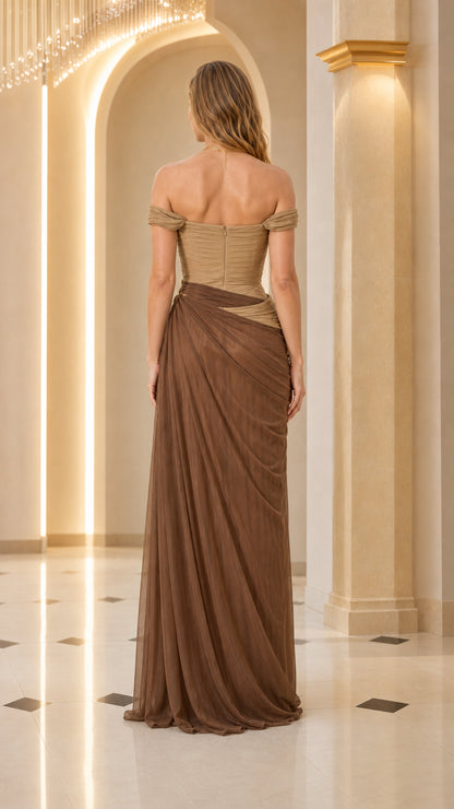 Back view of woman in brown off-shoulder maxi dress