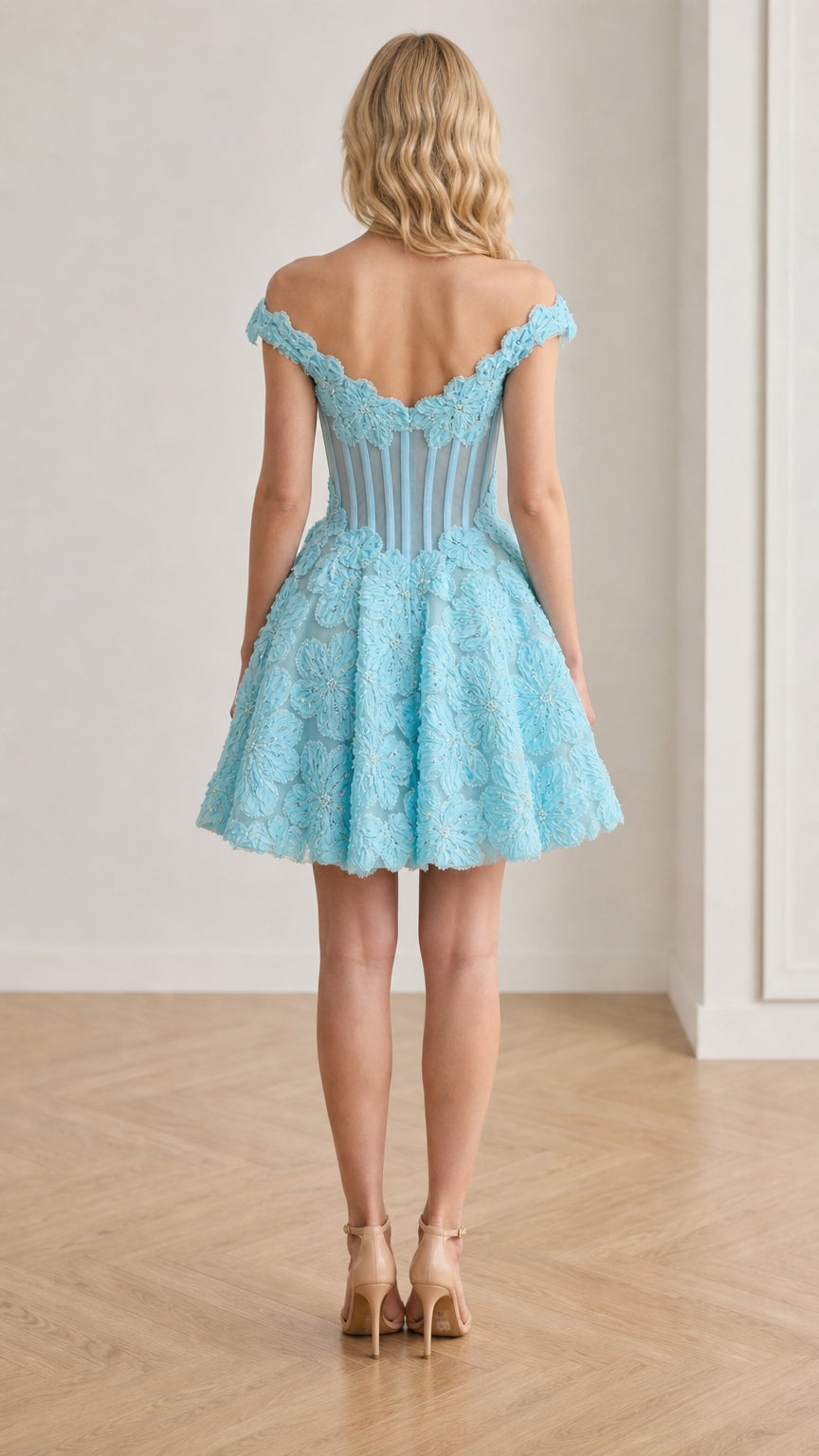 Back view showing structured corset lacing effect and flared skirt in Light Blue