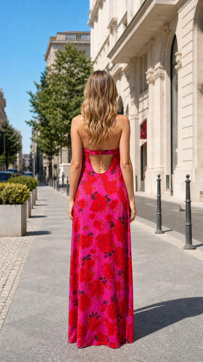 Back view showing subtle cutout detail on fuchsia maxi dress