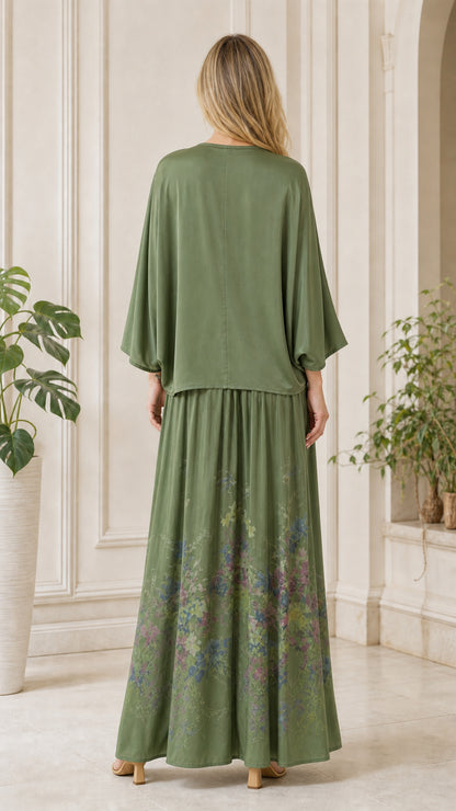Back view of olive green relaxed fit maxi dress