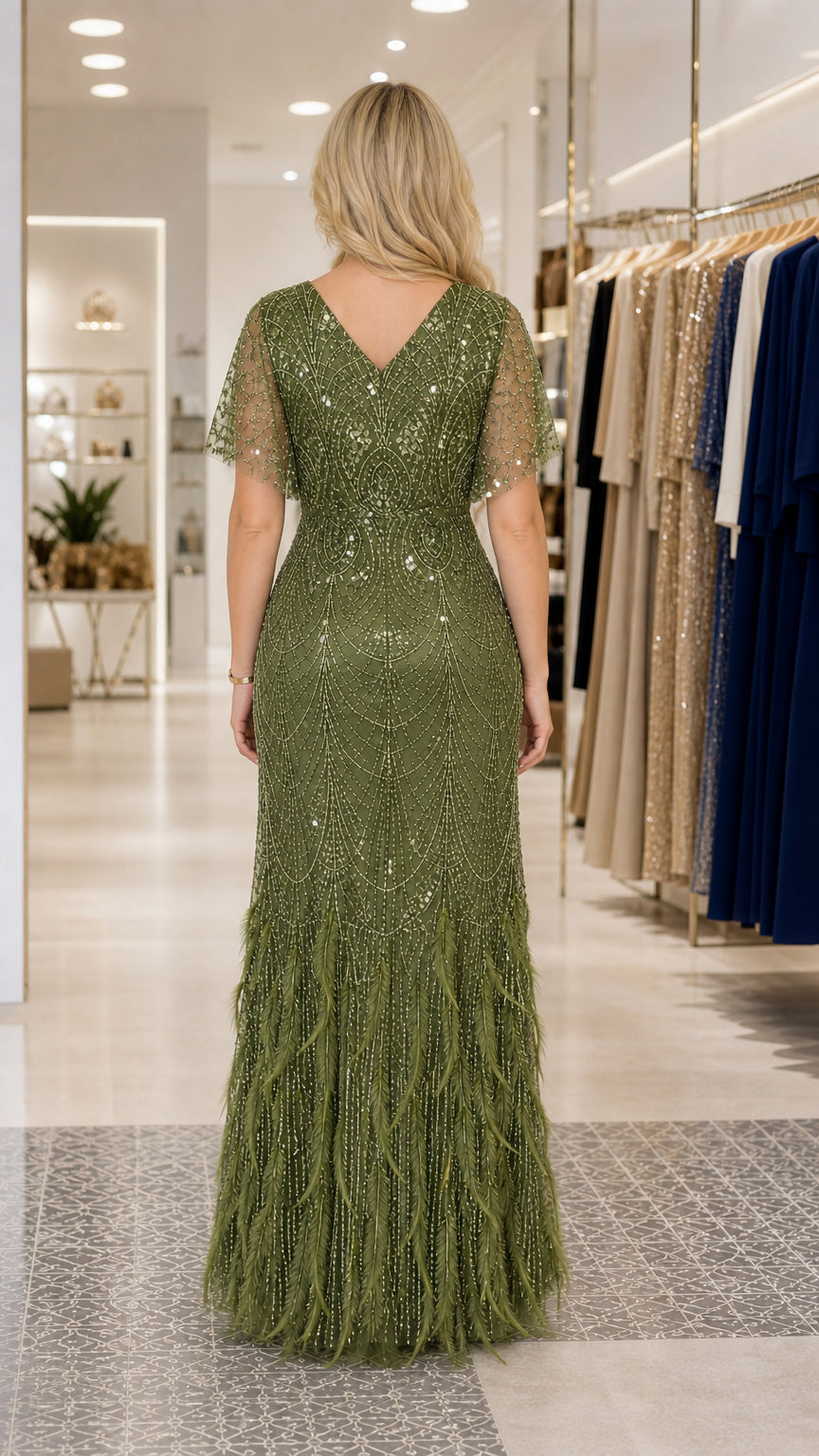 Back view of woman wearing olive green sequin dress