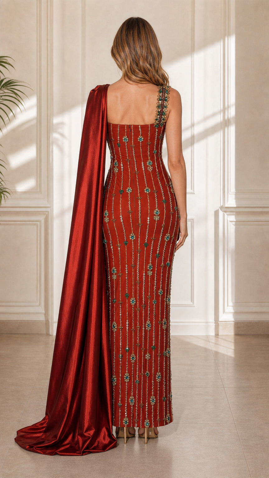 Back view of red formal gown showing long satin cape