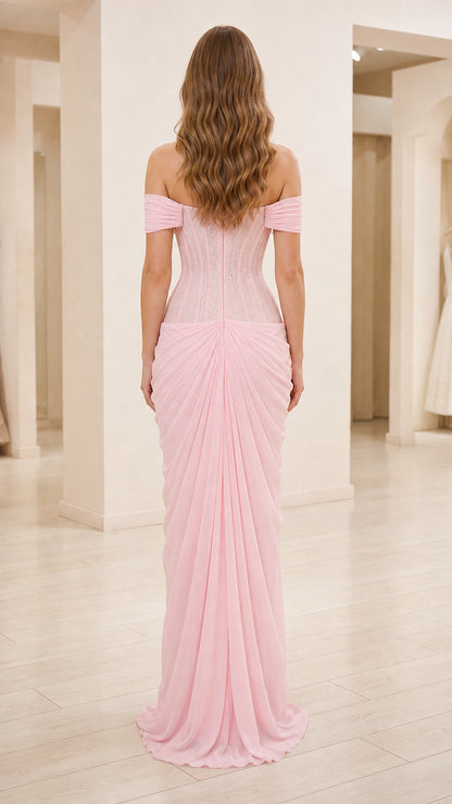 Back view of pink off-shoulder corset evening gown