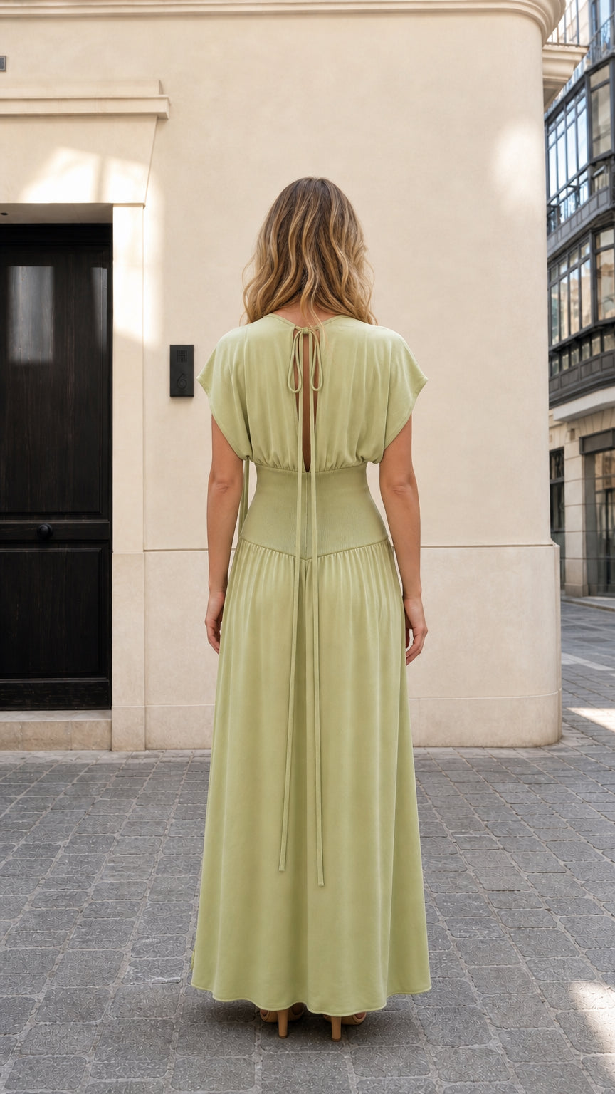 Model wearing sage green maxi dress, back view with tie details