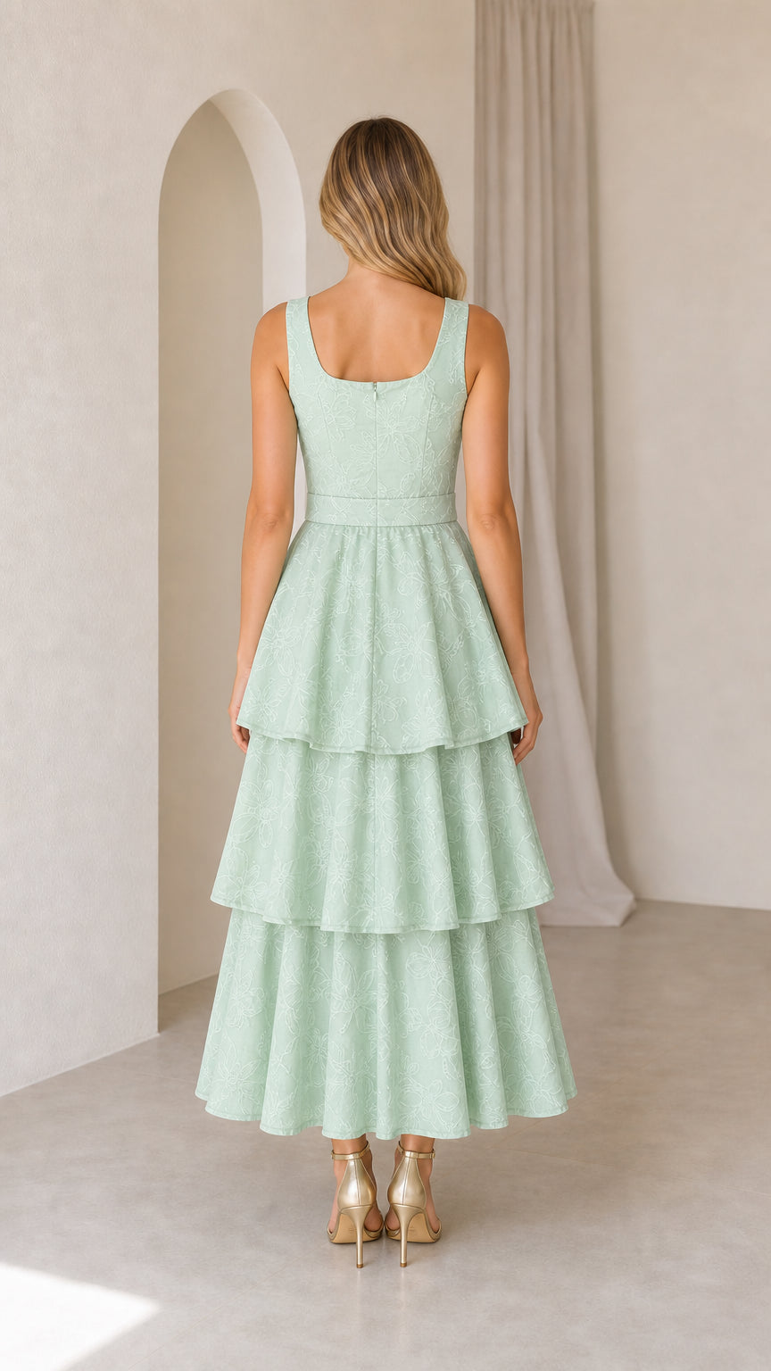 Mint green embroidered tiered maxi dress back view
