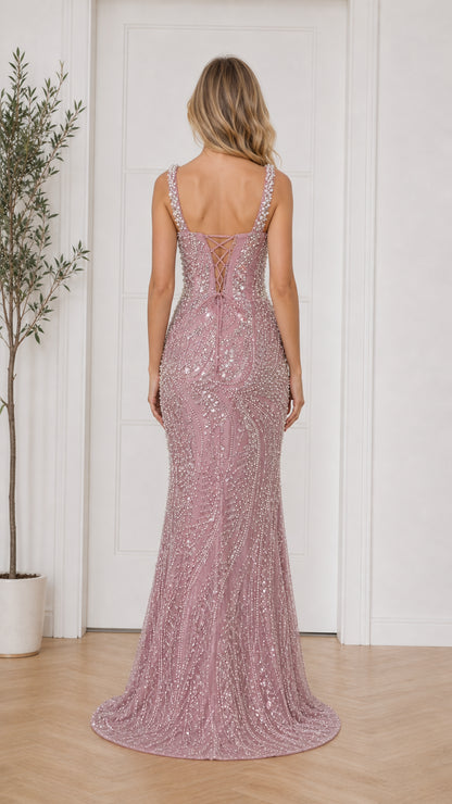 Back view showing lace-up details of dusty pink dress