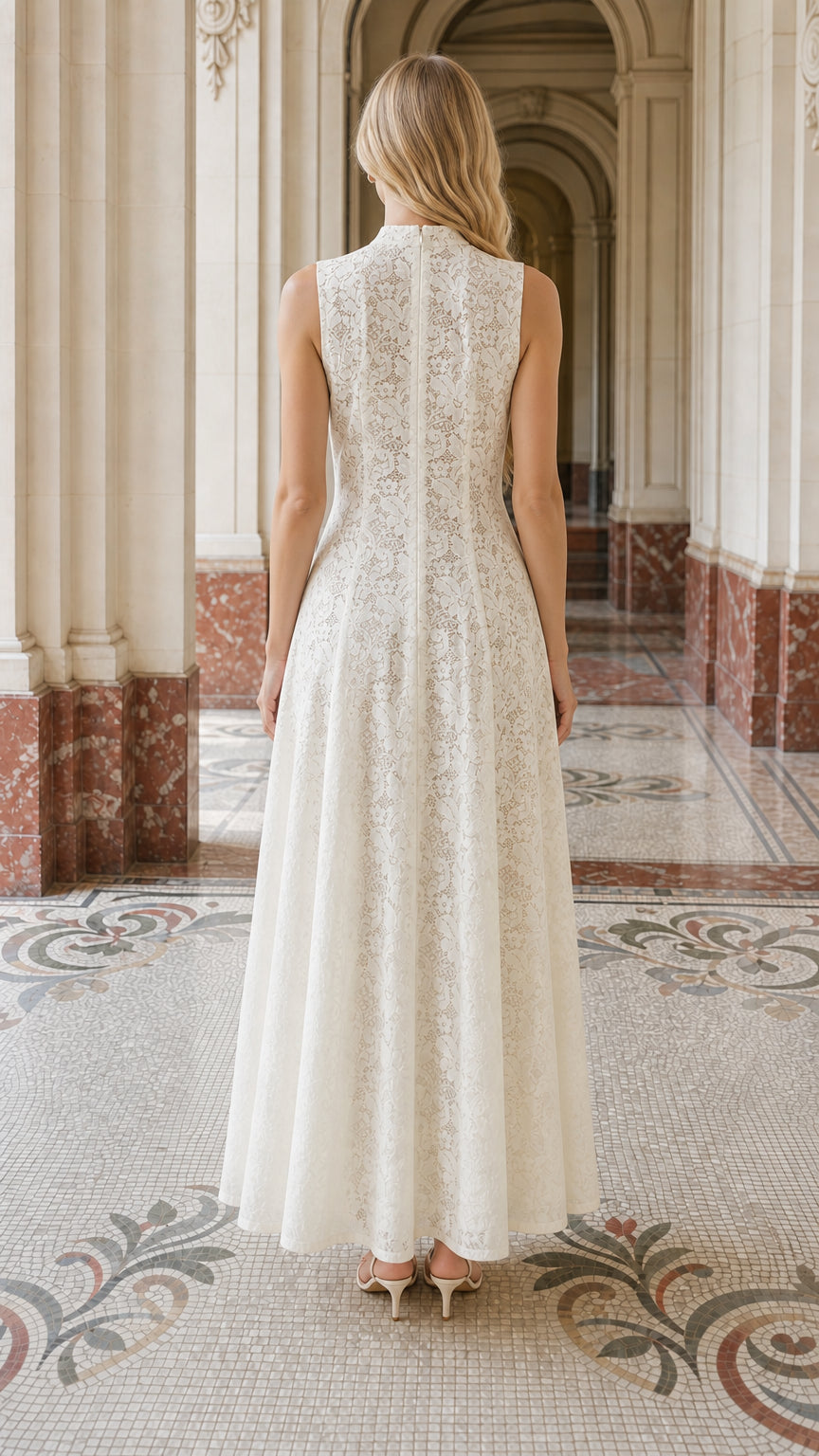 Back view of woman wearing white lace maxi dress