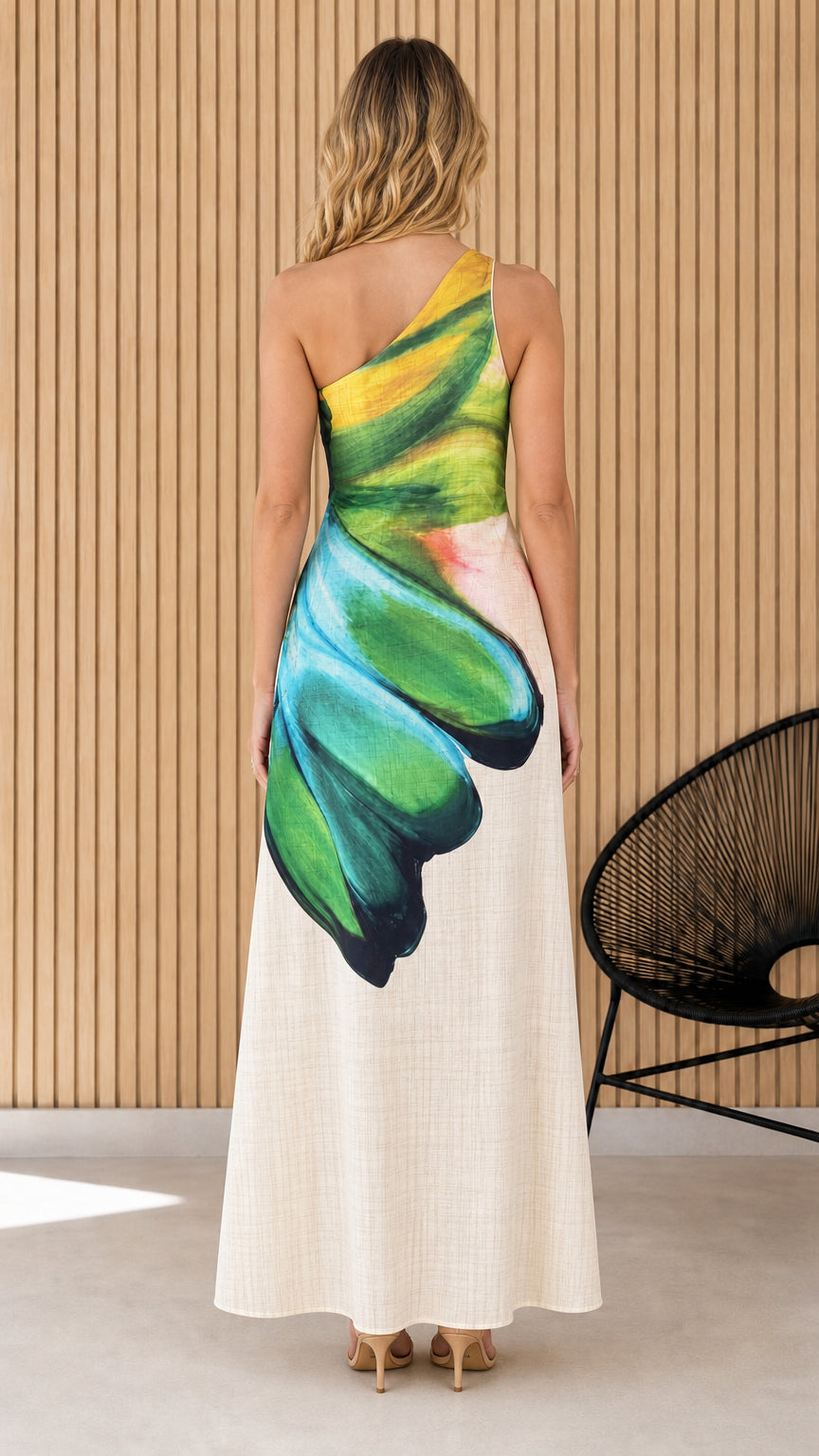 Back view of the white floral one-shoulder maxi dress