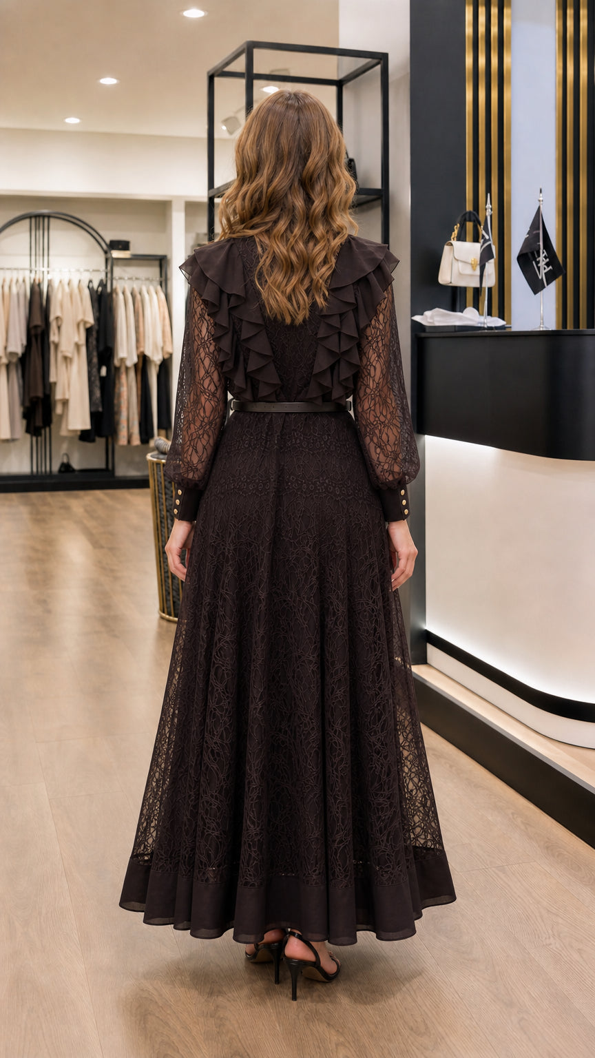 Back view of black long sleeve lace evening maxi dress