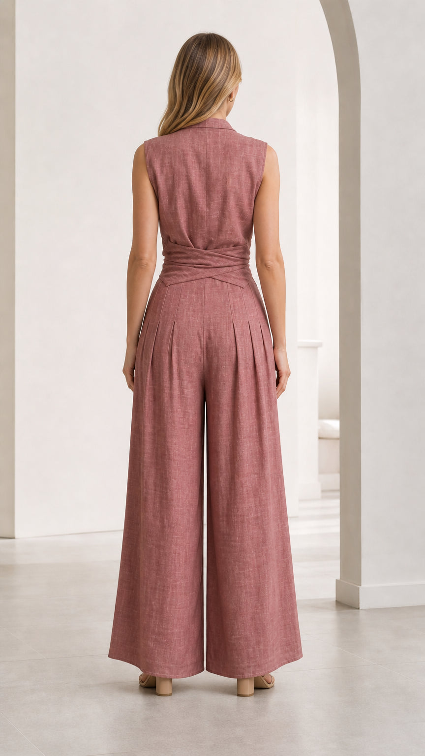 Back view of woman wearing Dusty Rose sleeveless pleated waist wide-leg jumpsuit