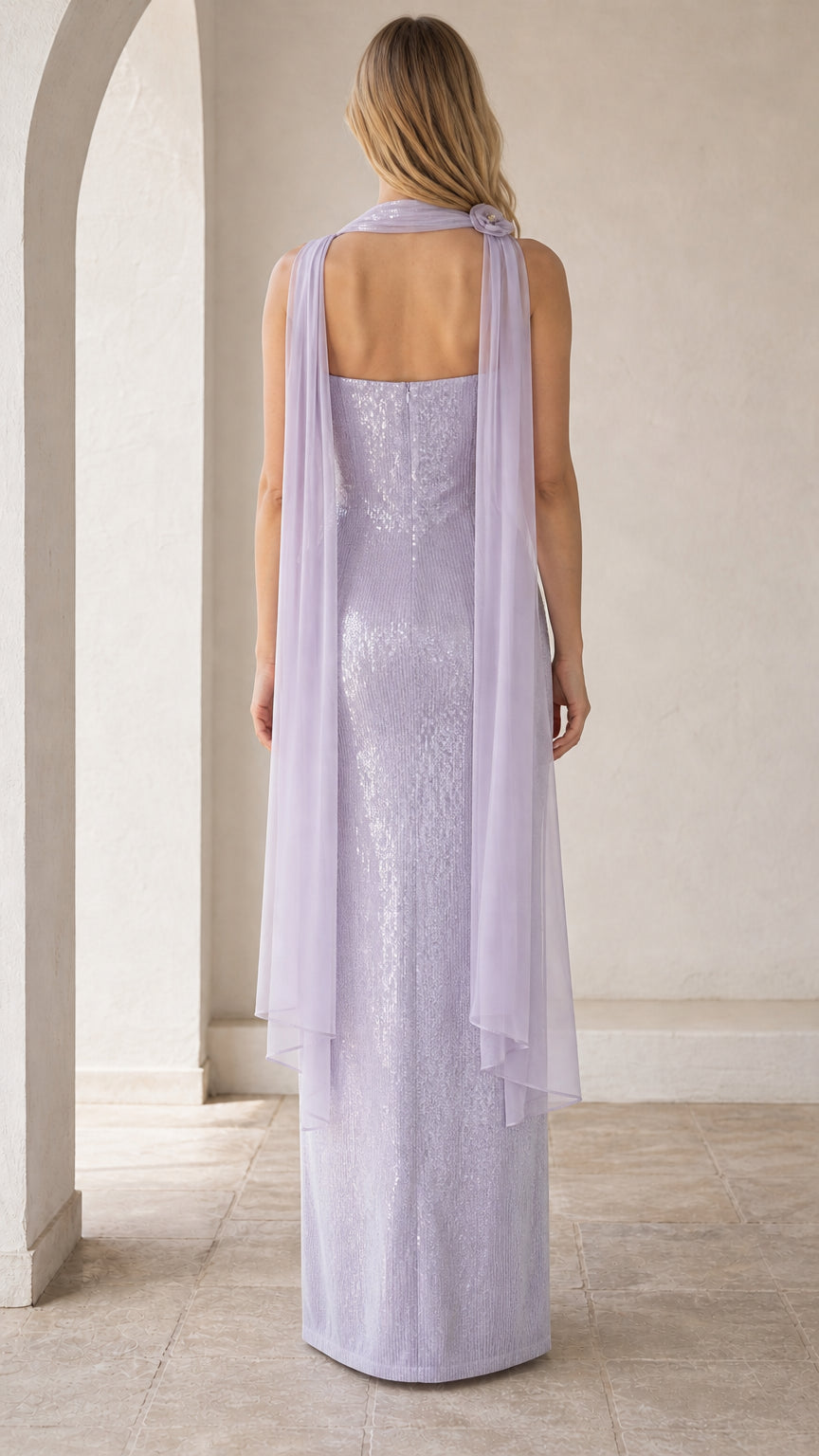 Lavender evening gown back view with sheer scarf