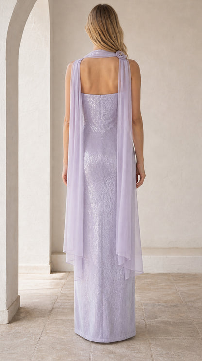 Lavender evening gown back view with sheer scarf