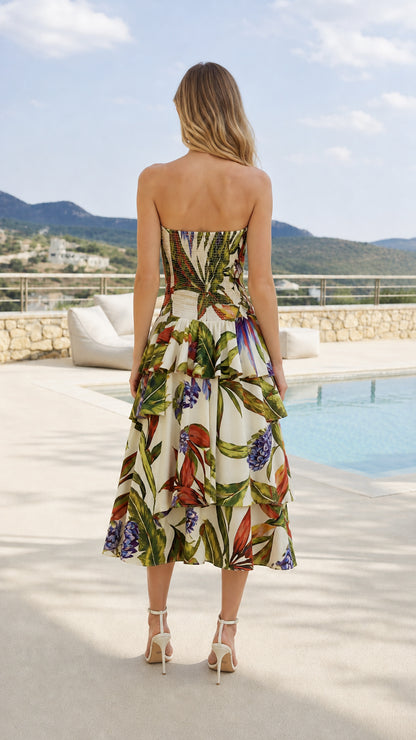 Back view of model showcasing smocked bodice on tropical print dress