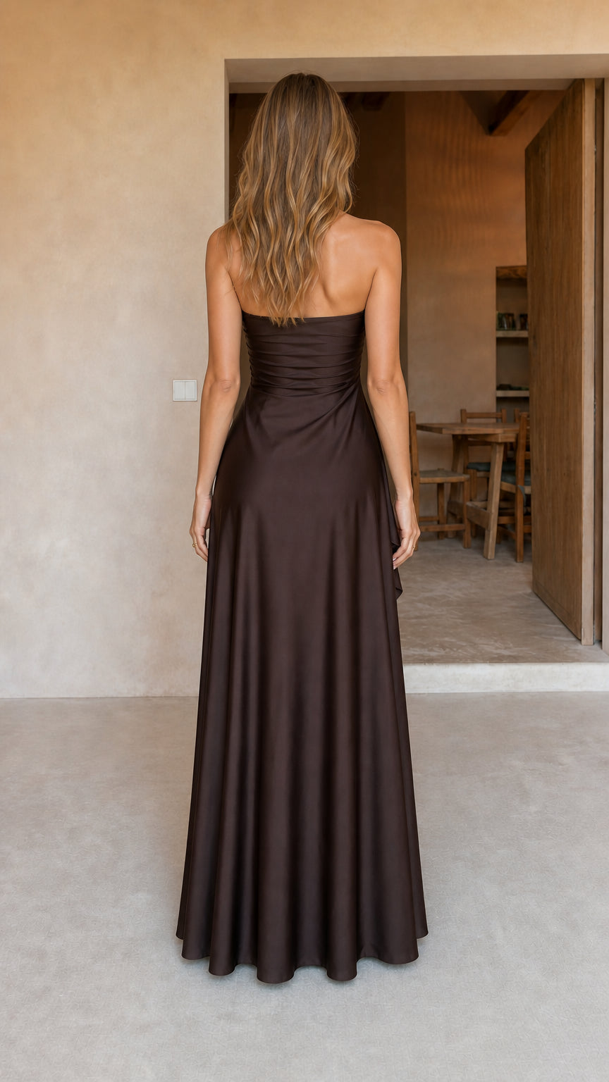 Back view of brown floor-length maxi dress
