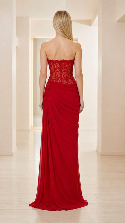 Back view of red evening dress with structured sheer lace back